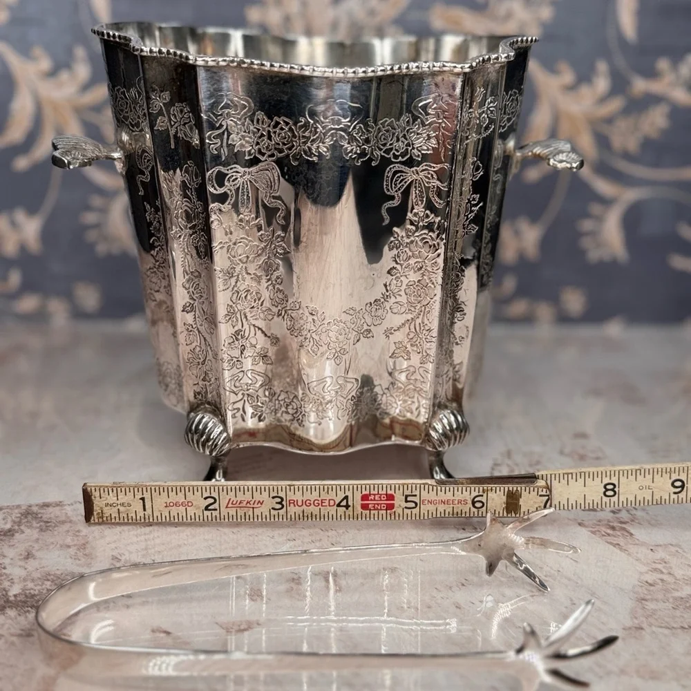 Vintage Ornate Silver Plate Ice Bucket w/ Tongs Floral Etched India Estate